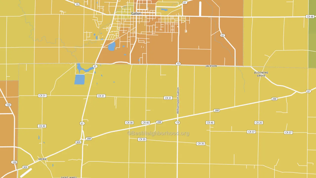 Map of the best neighborhoods in the West Point area, with better matches in green and worse matches in red