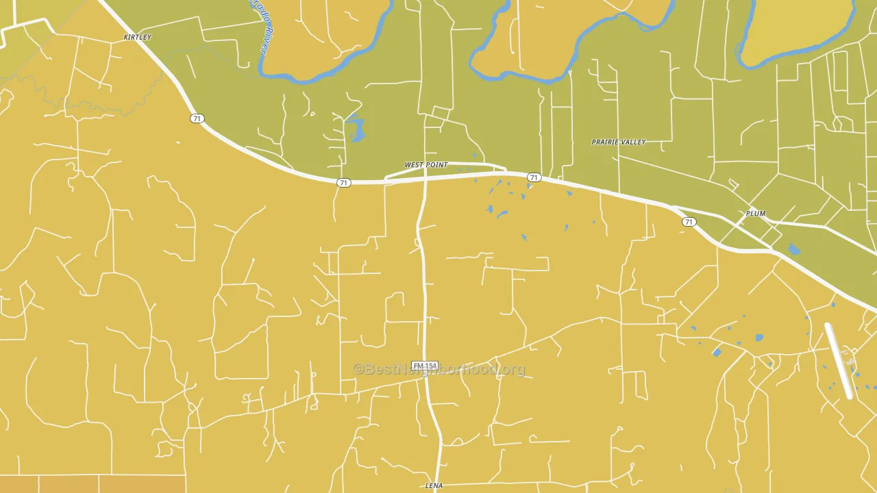 Map of the best neighborhoods in the West Point area, with better matches in green and worse matches in red
