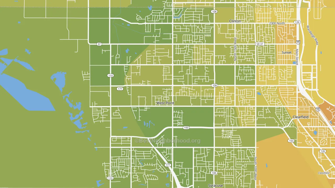 Map of the best neighborhoods in the West Point area, with better matches in green and worse matches in red
