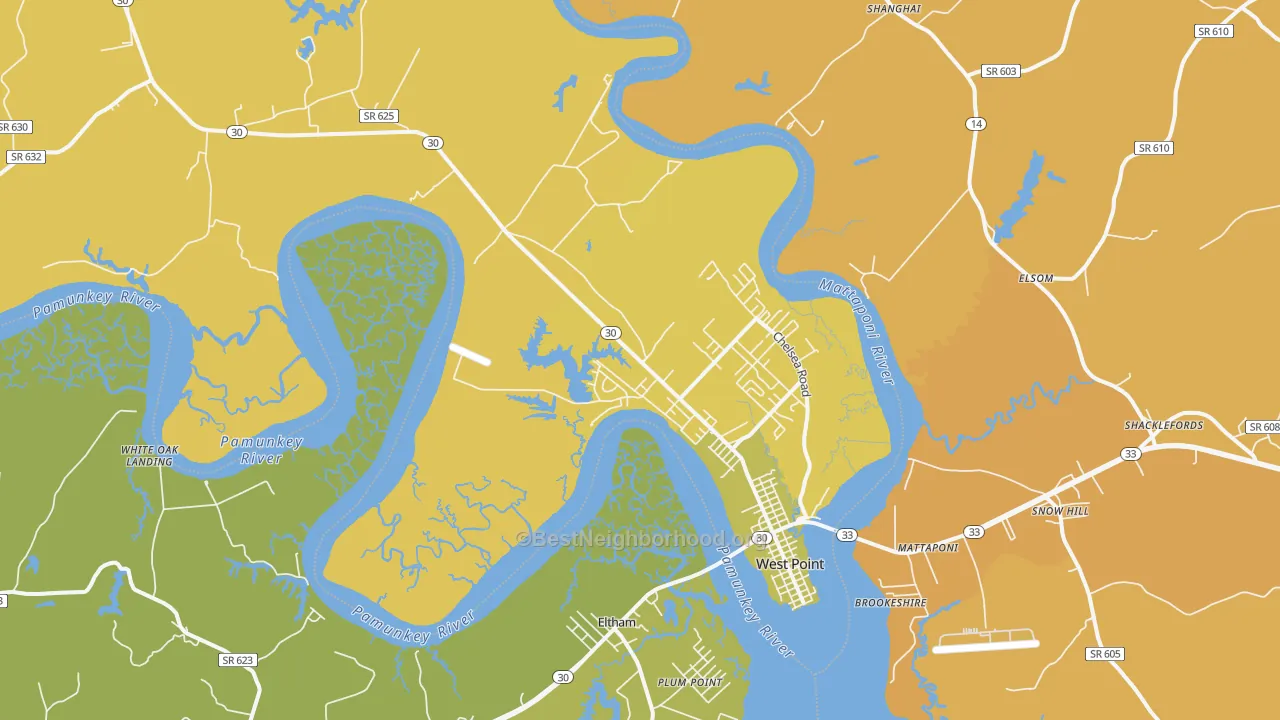 Map of the best neighborhoods in the West Point area, with better matches in green and worse matches in red