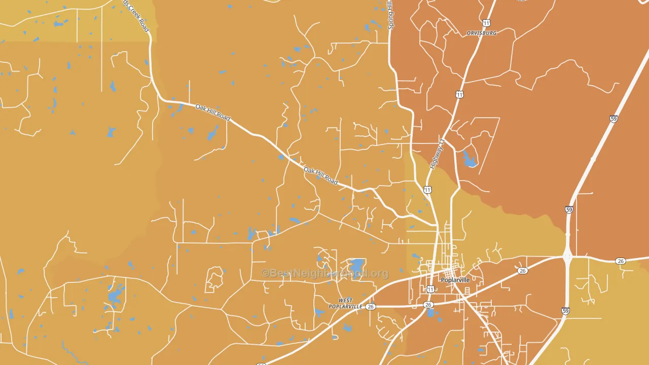 Map of the best neighborhoods in the West Poplarville area, with better matches in green and worse matches in red