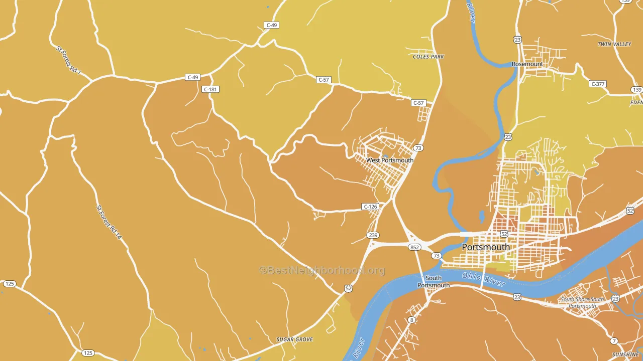 Map of the best neighborhoods in the West Portsmouth area, with better matches in green and worse matches in red