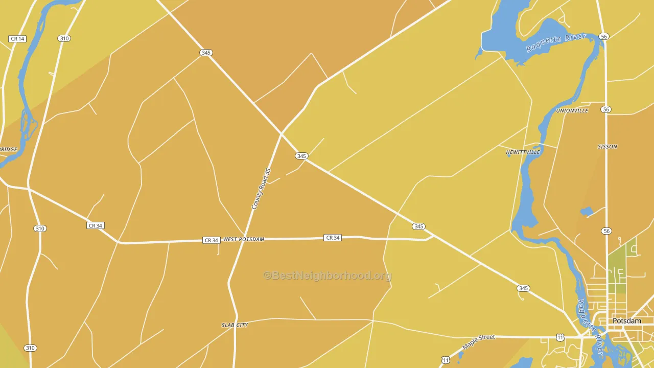Map of the best neighborhoods in the West Potsdam area, with better matches in green and worse matches in red