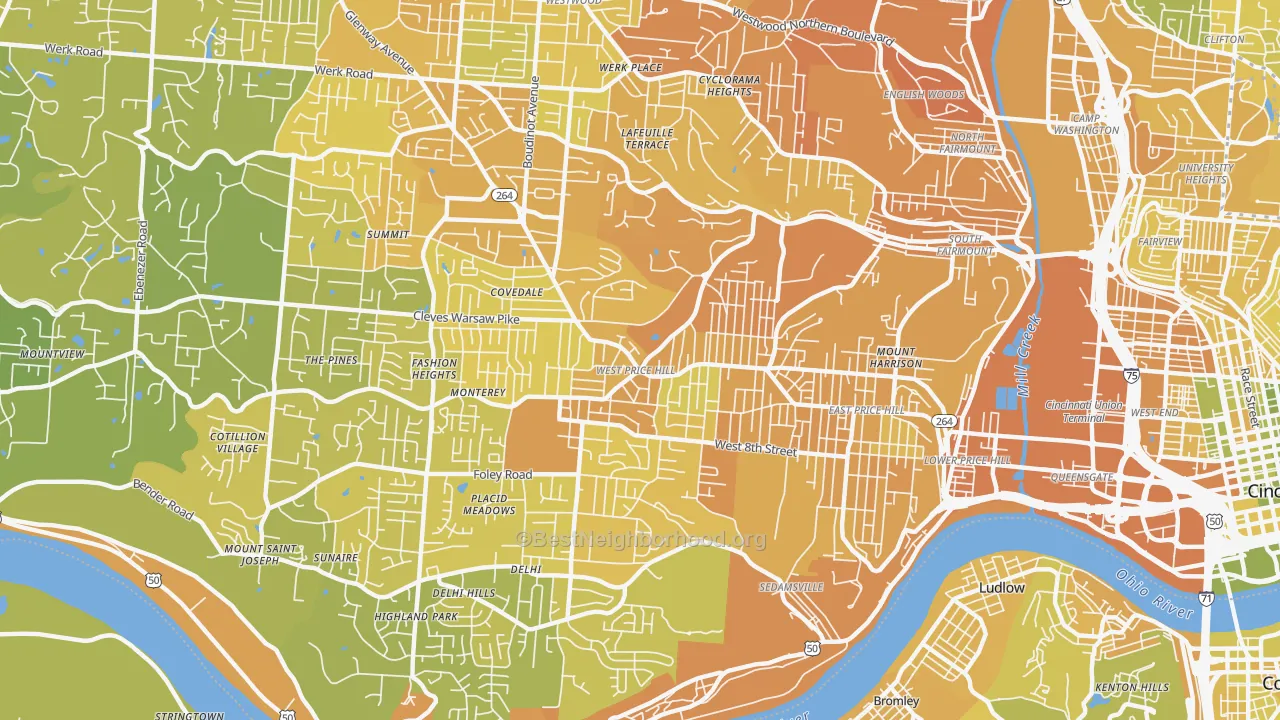 Map of the best neighborhoods in the West Price Hill, Cincinnati area, with better matches in green and worse matches in red