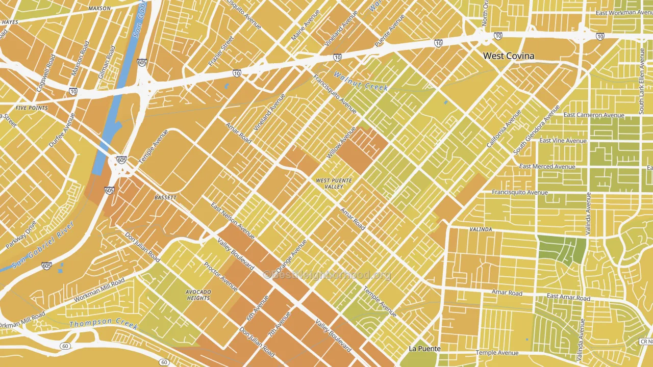 Map of the best neighborhoods in the West Puente Valley area, with better matches in green and worse matches in red