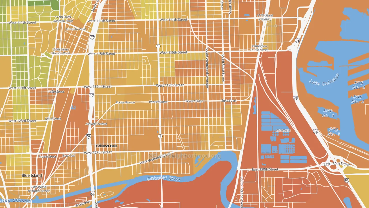 Map of the best neighborhoods in the West Pullman, Chicago area, with better matches in green and worse matches in red