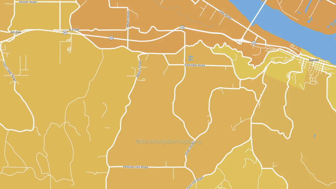 Map of the best neighborhoods in the West Rainier area, with better matches in green and worse matches in red