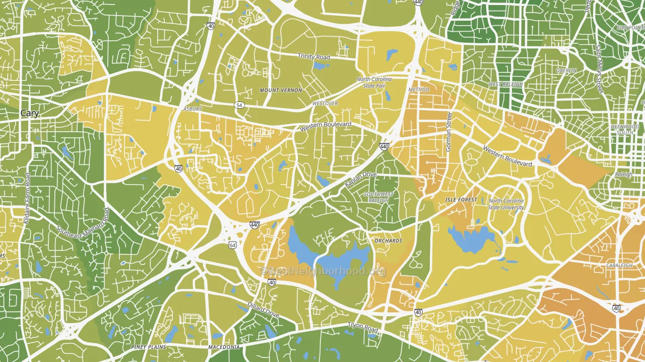 Map of the best neighborhoods in the West, Raleigh area, with better matches in green and worse matches in red
