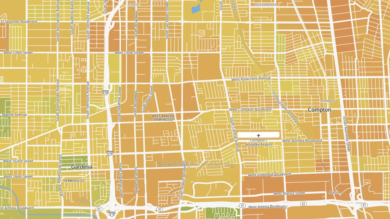 Map of the best neighborhoods in the West Rancho Domingues, Compton area, with better matches in green and worse matches in red