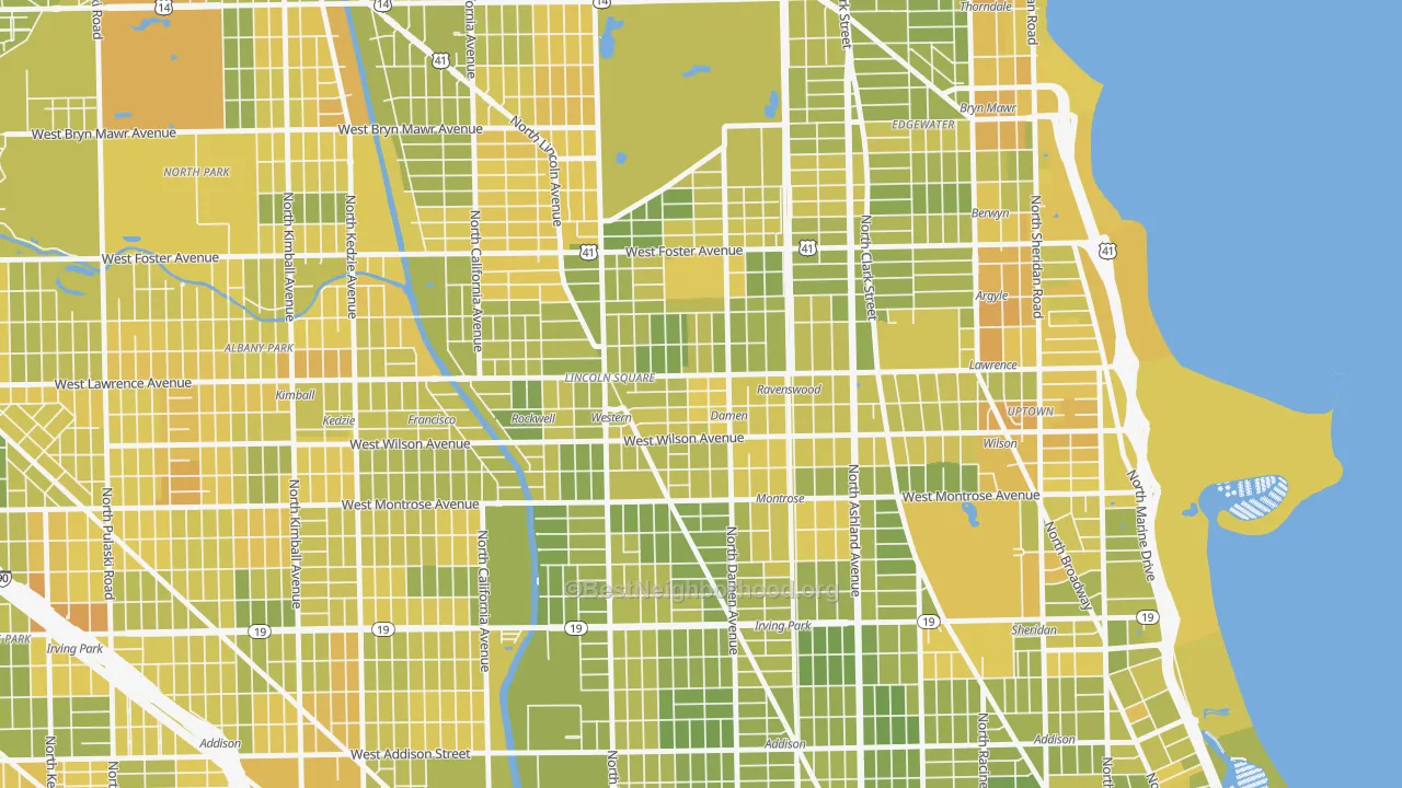Map of the best neighborhoods in the West Ravenswood, Chicago area, with better matches in green and worse matches in red