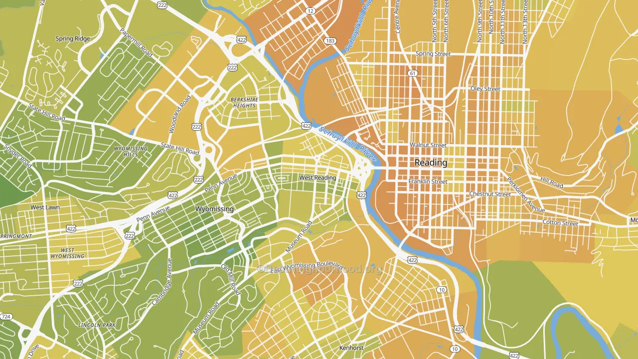 Map of the best neighborhoods in the West Reading area, with better matches in green and worse matches in red