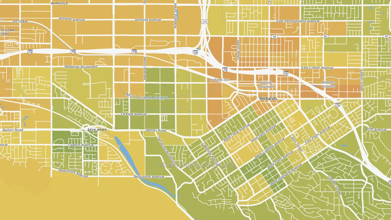 Map of the best neighborhoods in the West Redlands, Redlands area, with better matches in green and worse matches in red