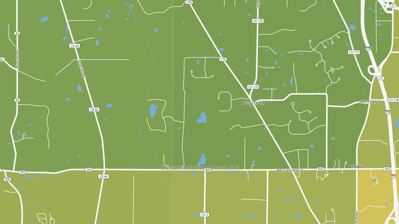 Map of the best neighborhoods in the West Richfield area, with better matches in green and worse matches in red