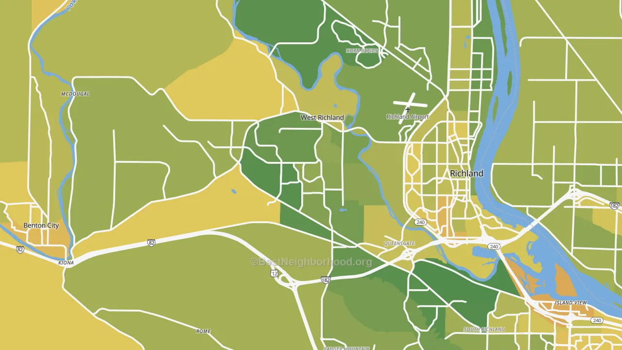 Map of the best neighborhoods in the West Richland area, with better matches in green and worse matches in red