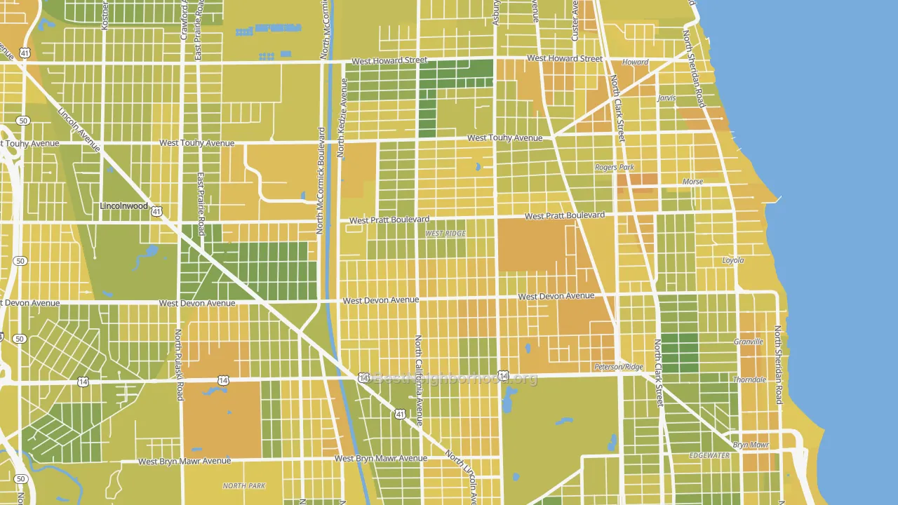 Map of the best neighborhoods in the West Ridge, Chicago area, with better matches in green and worse matches in red
