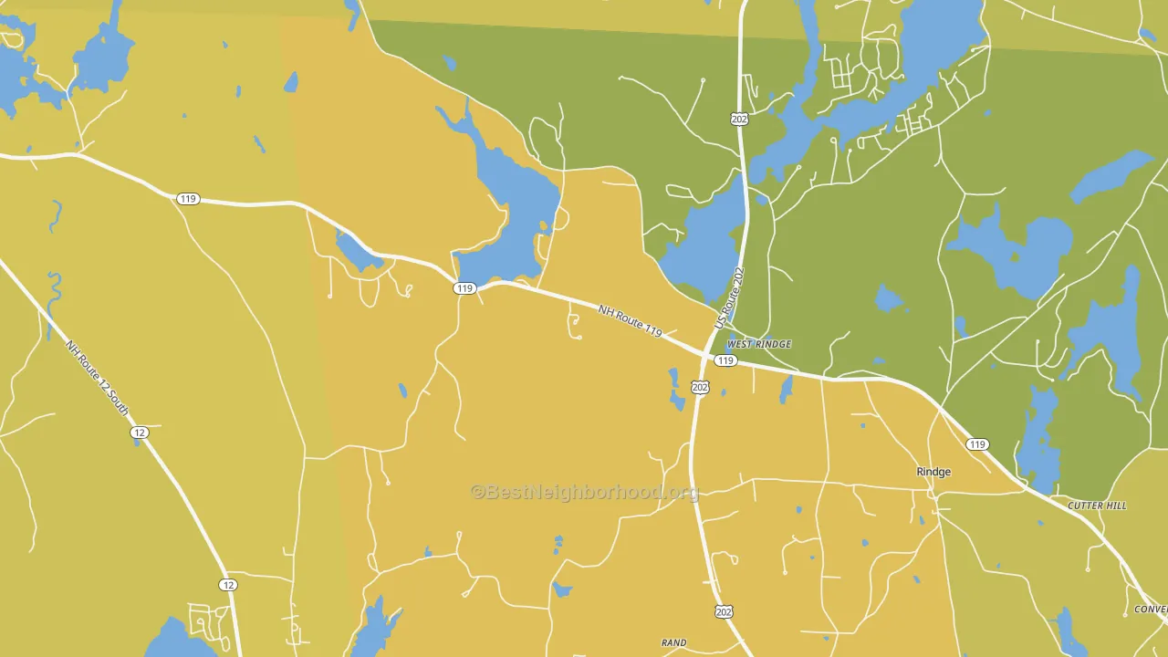 Map of the best neighborhoods in the West Rindge area, with better matches in green and worse matches in red