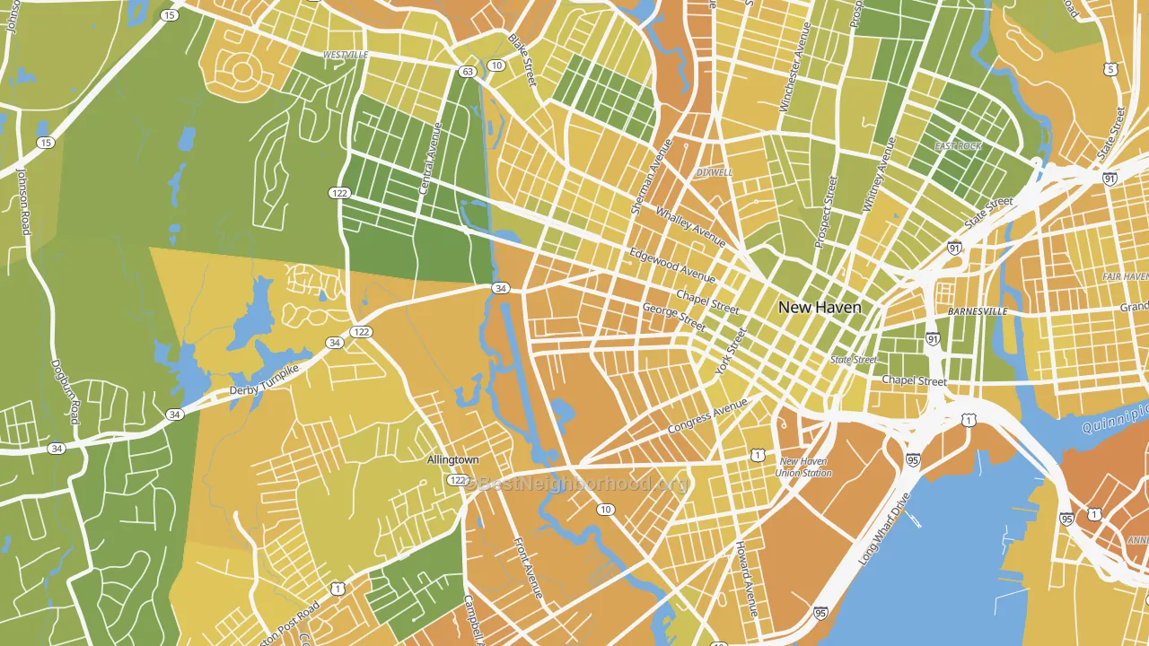 Map of the best neighborhoods in the West River, New Haven area, with better matches in green and worse matches in red