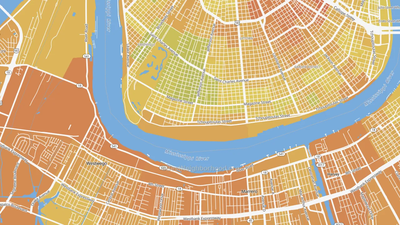 Map of the best neighborhoods in the West Riverside, New Orleans area, with better matches in green and worse matches in red