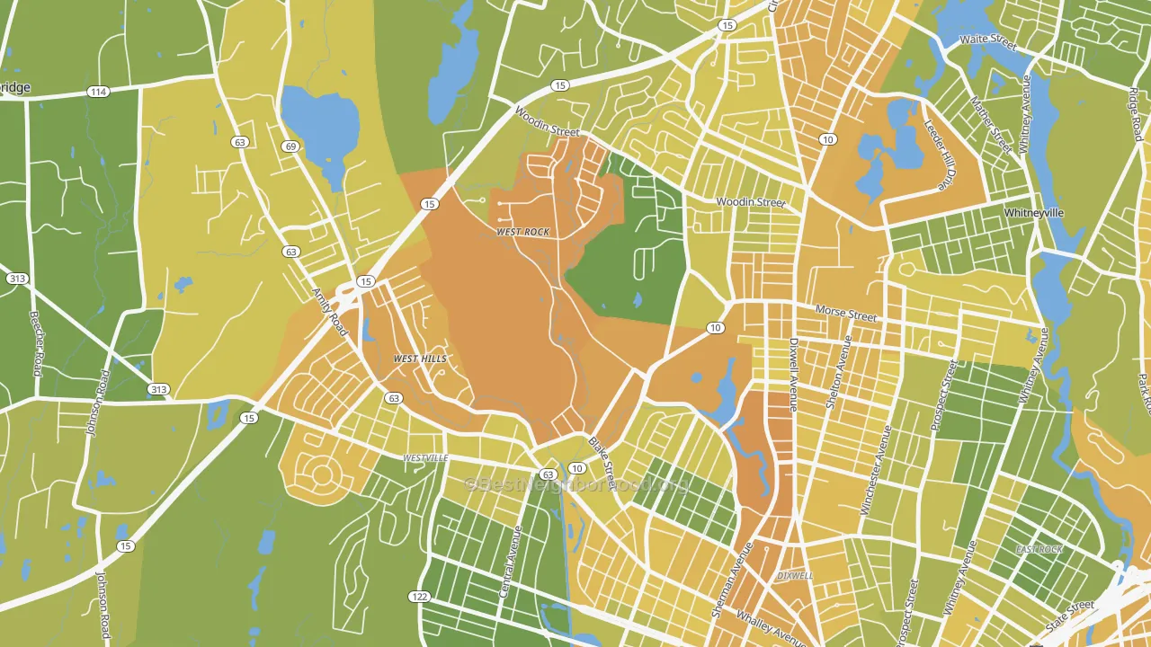 Map of the best neighborhoods in the West Rock, New Haven area, with better matches in green and worse matches in red