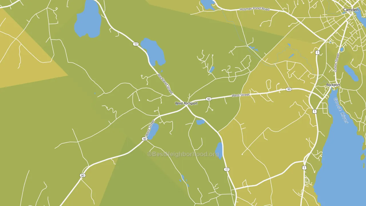 Map of the best neighborhoods in the West Rockport area, with better matches in green and worse matches in red