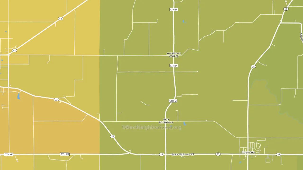Map of the best neighborhoods in the West Rosendale area, with better matches in green and worse matches in red