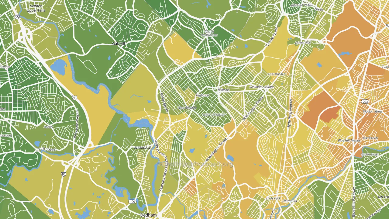 Map of the best neighborhoods in the West Roxbury area, with better matches in green and worse matches in red