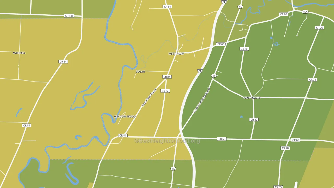 Map of the best neighborhoods in the West Rush area, with better matches in green and worse matches in red