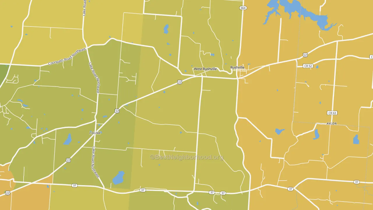 Map of the best neighborhoods in the West Rushville area, with better matches in green and worse matches in red