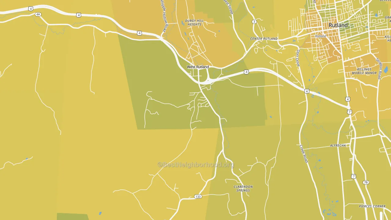 Map of the best neighborhoods in the West Rutland area, with better matches in green and worse matches in red
