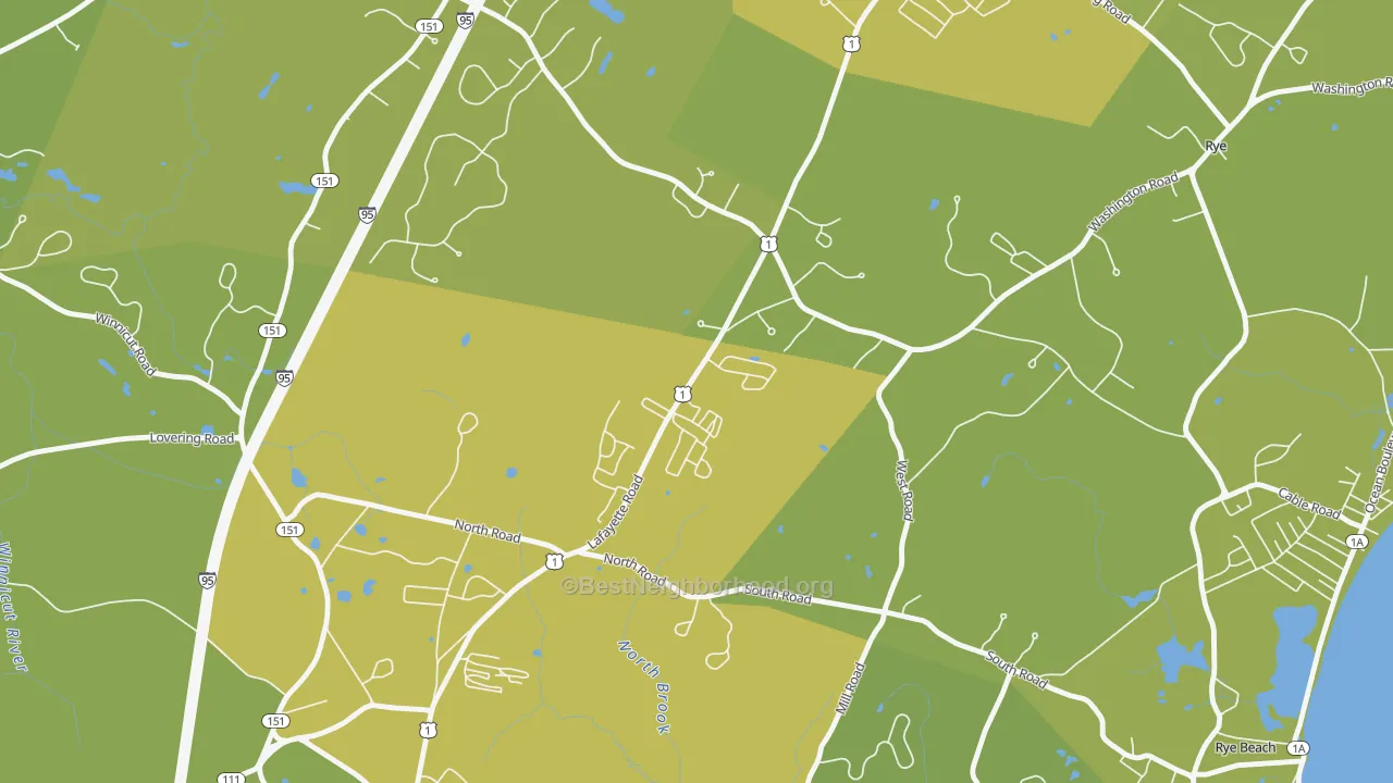 Map of the best neighborhoods in the West Rye area, with better matches in green and worse matches in red