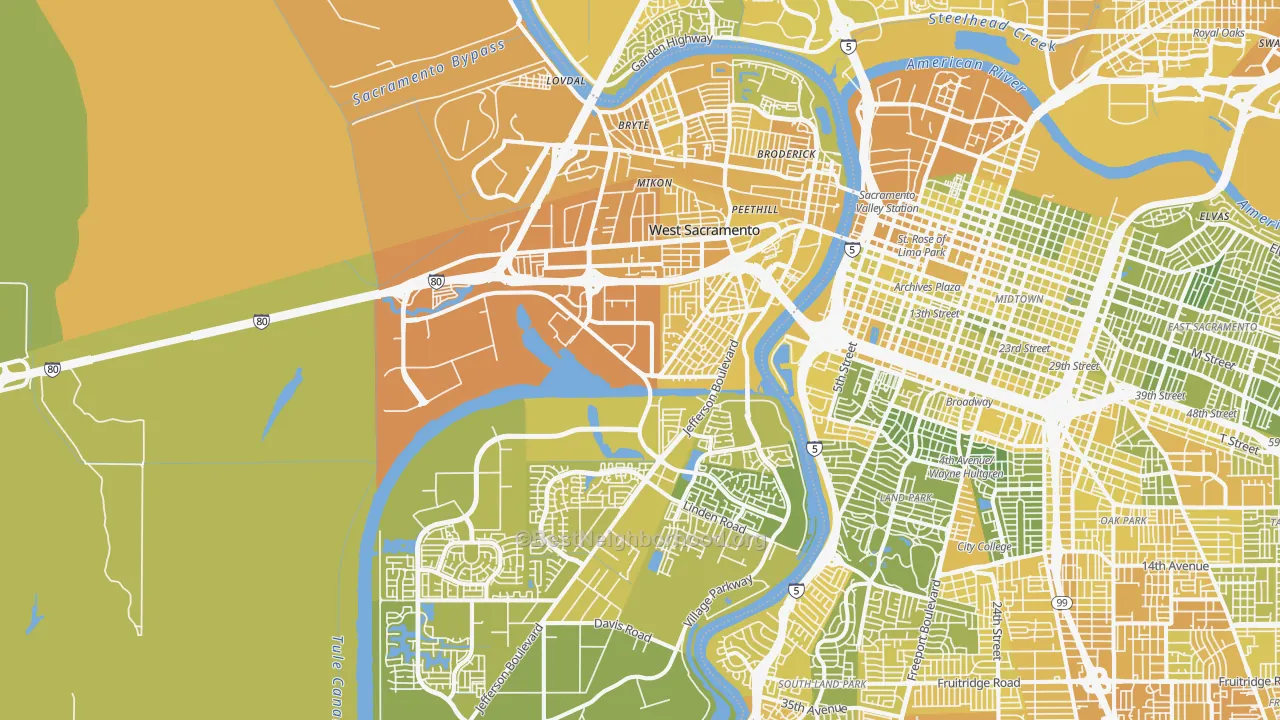 Map of the best neighborhoods in the West Sacramento area, with better matches in green and worse matches in red