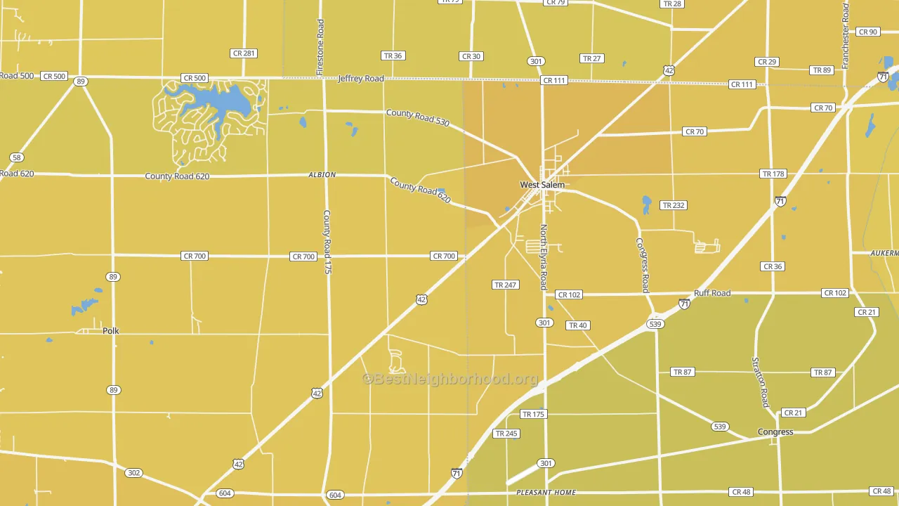 Map of the best neighborhoods in the West Salem area, with better matches in green and worse matches in red
