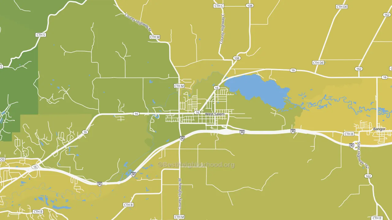 Map of the best neighborhoods in the West Salem area, with better matches in green and worse matches in red
