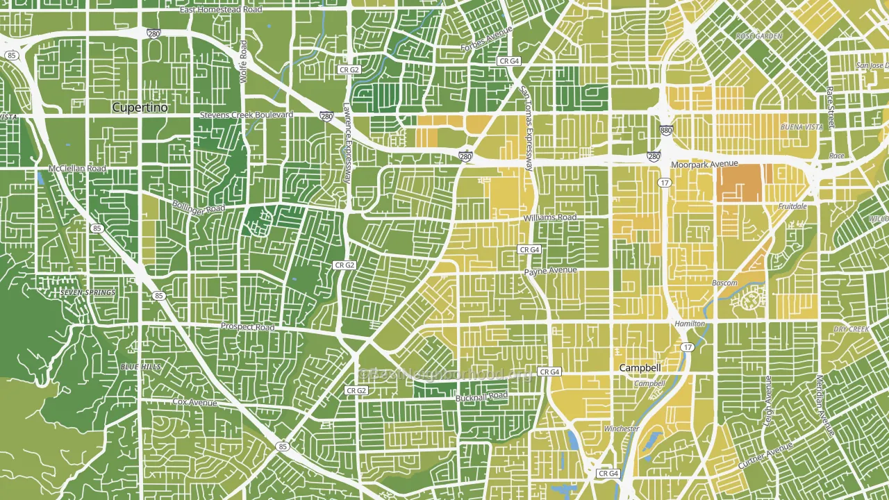 Map of the best neighborhoods in the West San Jose, San Jose area, with better matches in green and worse matches in red