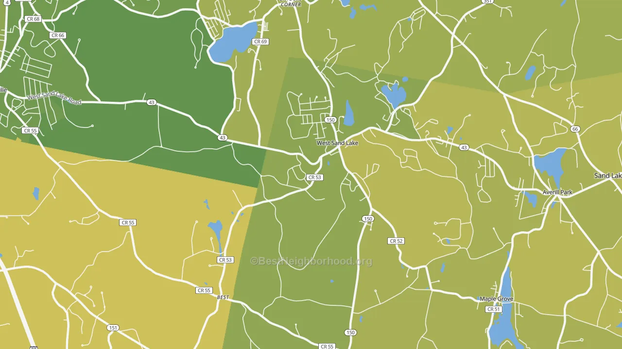 Map of the best neighborhoods in the West Sand Lake area, with better matches in green and worse matches in red