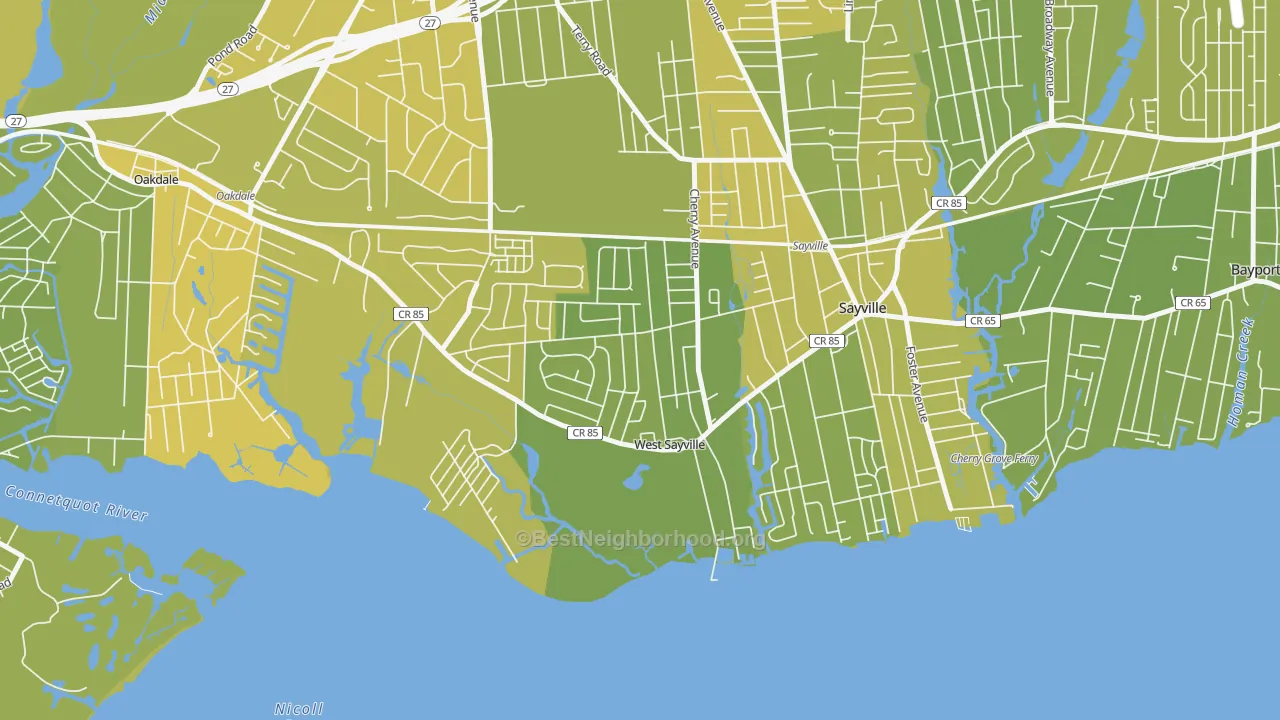 Map of the best neighborhoods in the West Sayville area, with better matches in green and worse matches in red