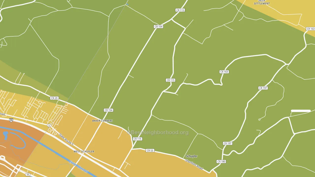 Map of the best neighborhoods in the West Schuyler area, with better matches in green and worse matches in red