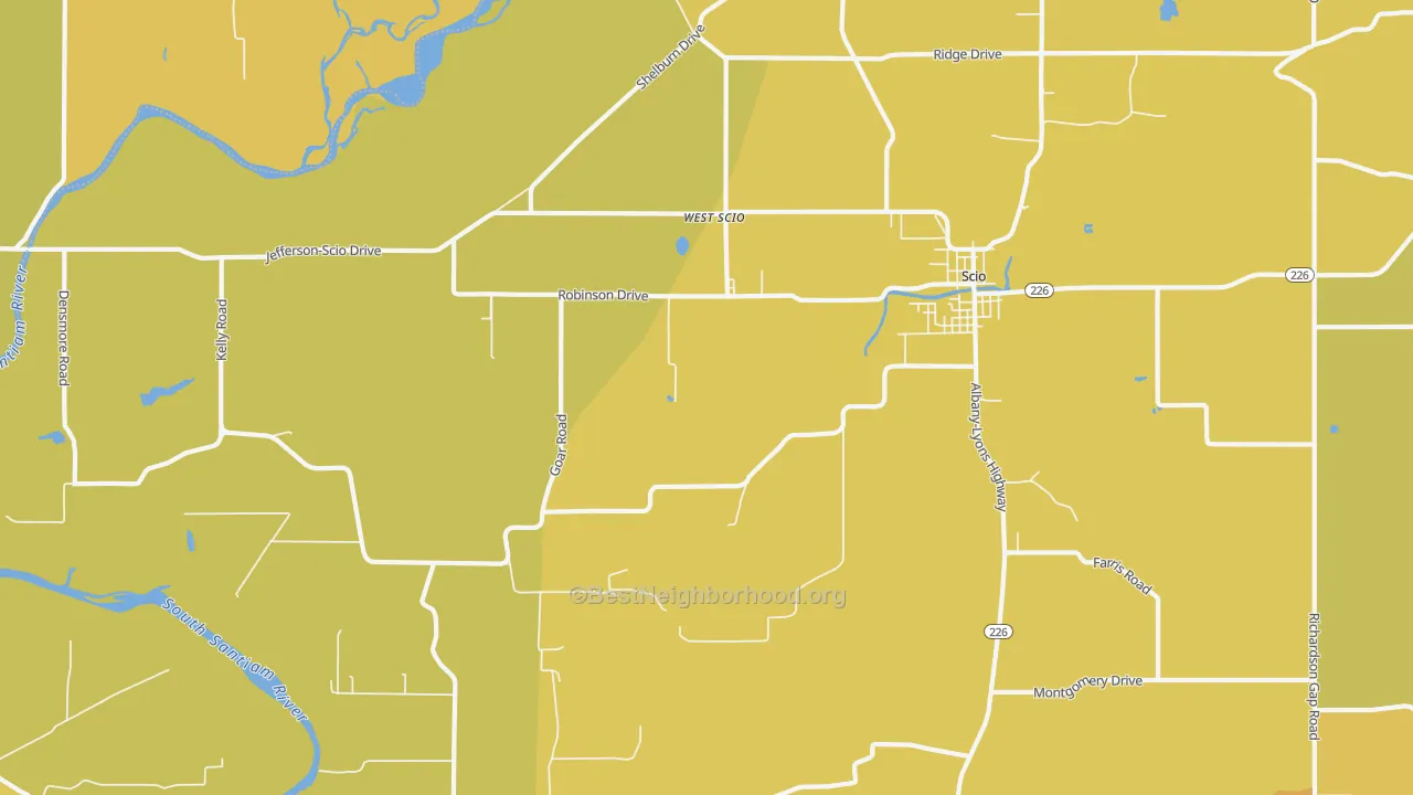 Map of the best neighborhoods in the West Scio area, with better matches in green and worse matches in red