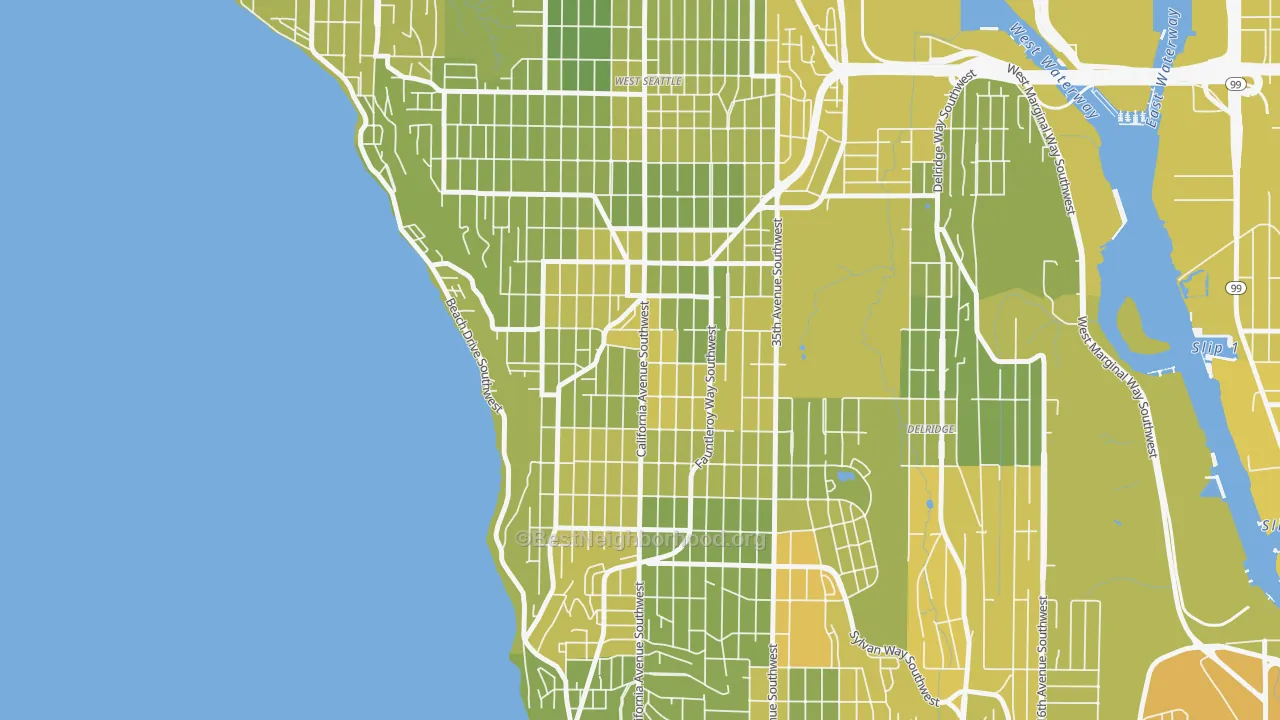 Map of the best neighborhoods in the West Seattle, Seattle area, with better matches in green and worse matches in red