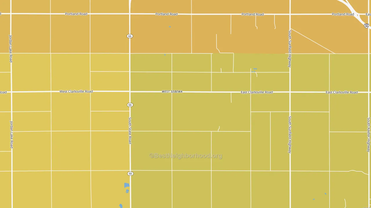 Map of the best neighborhoods in the West Sebewa area, with better matches in green and worse matches in red