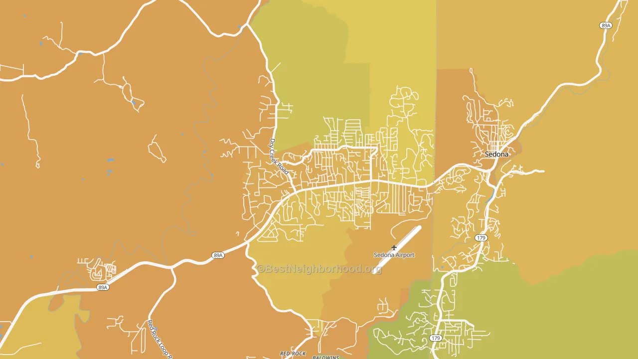 Map of the best neighborhoods in the West Sedona area, with better matches in green and worse matches in red