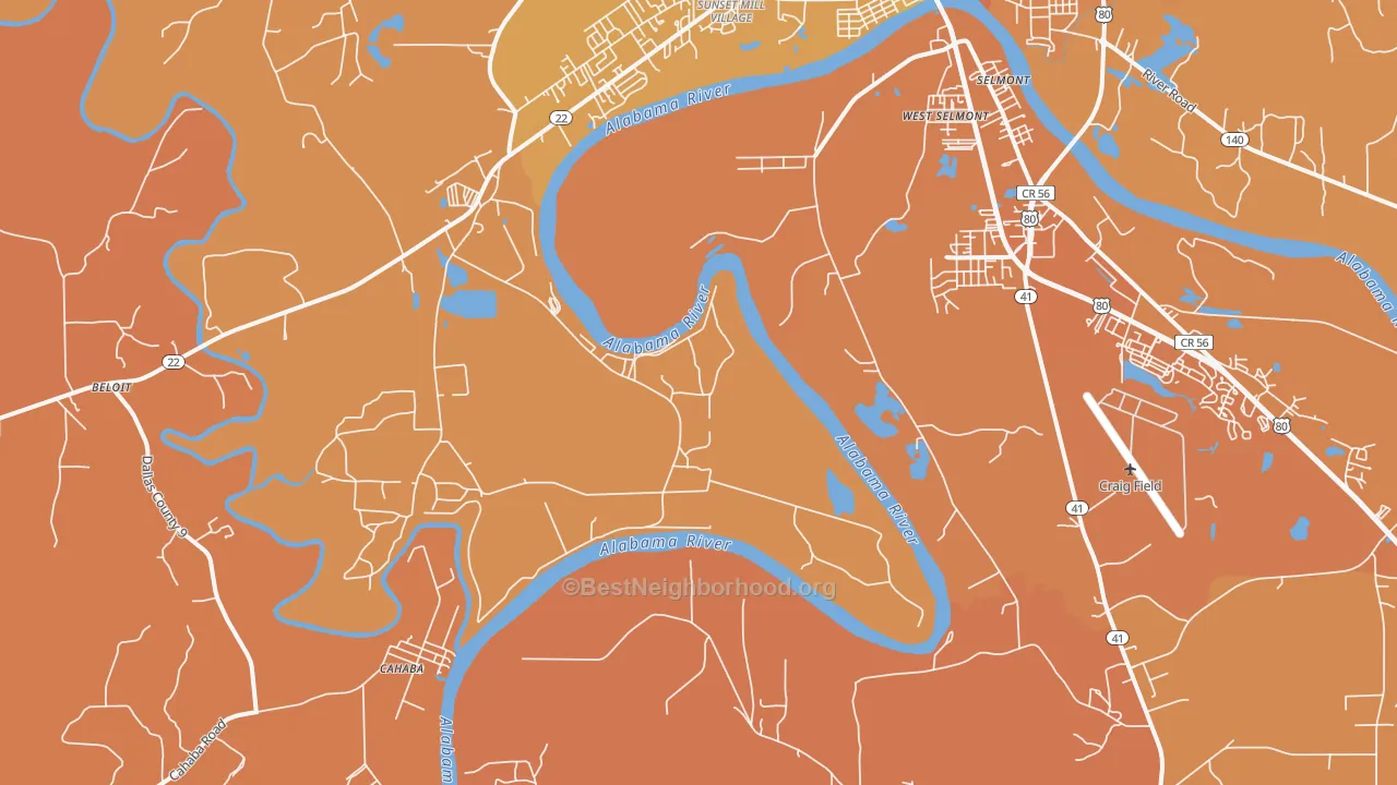 Map of the best neighborhoods in the West Selmont area, with better matches in green and worse matches in red