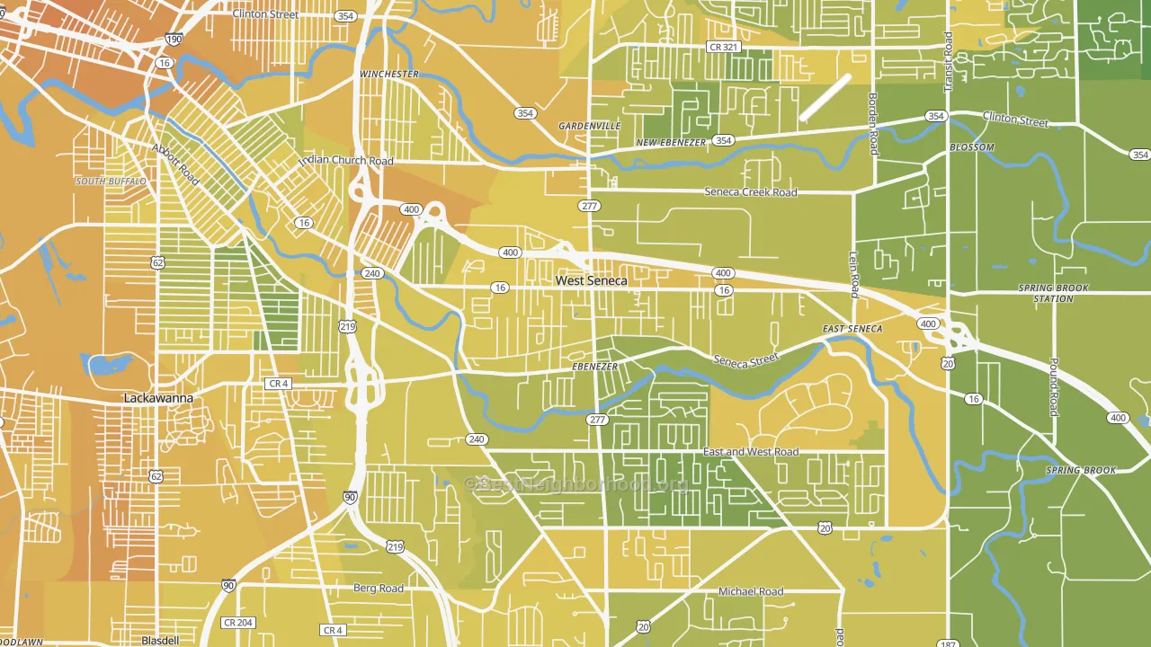 Map of the best neighborhoods in the West Seneca area, with better matches in green and worse matches in red