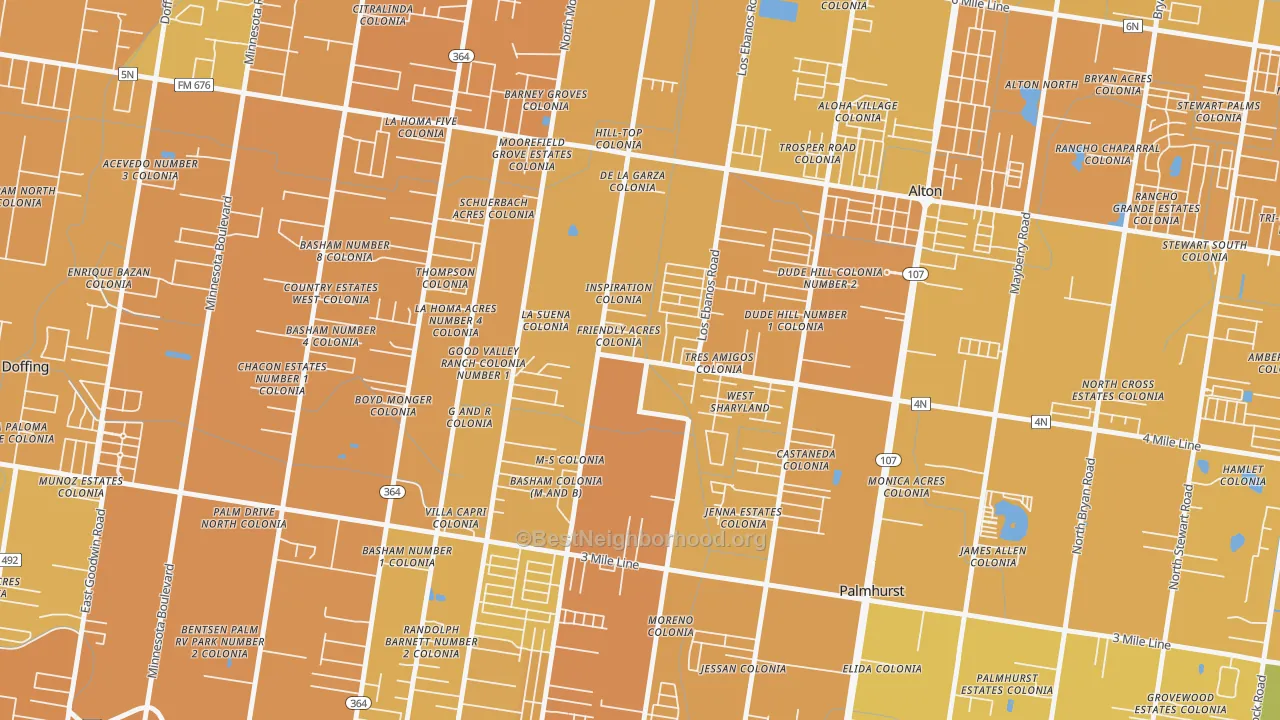 Map of the best neighborhoods in the West Sharyland, Mission area, with better matches in green and worse matches in red