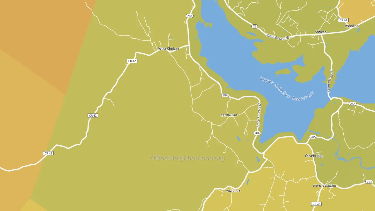 Map of the best neighborhoods in the West Shokan area, with better matches in green and worse matches in red