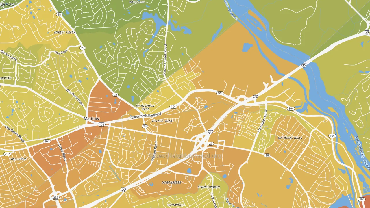 Map of the best neighborhoods in the West Side, Augusta area, with better matches in green and worse matches in red