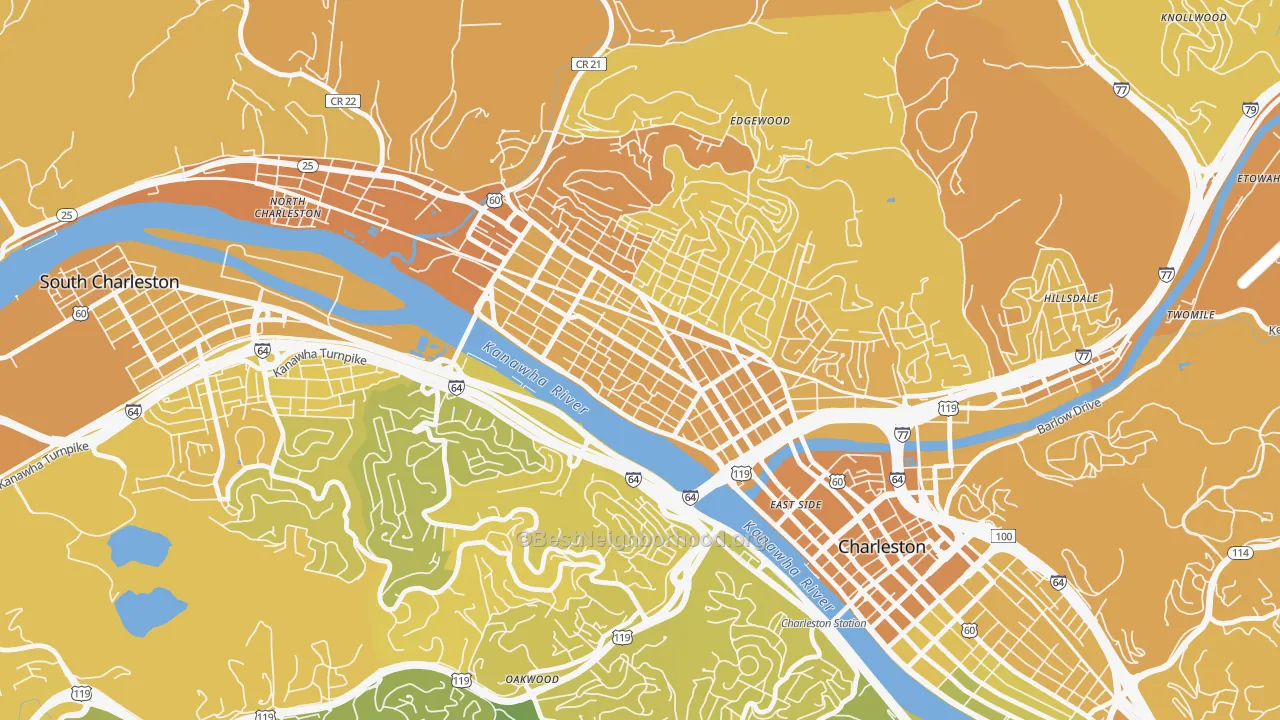 Map of the best neighborhoods in the West Side, Charleston area, with better matches in green and worse matches in red