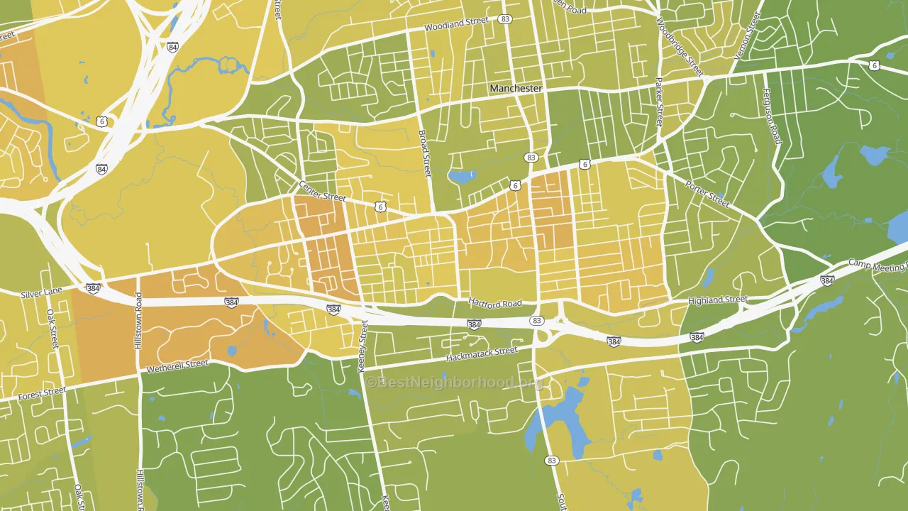 Map of the best neighborhoods in the West Side Hartford, Manchester area, with better matches in green and worse matches in red