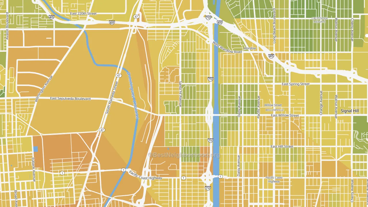 Map of the best neighborhoods in the West Side, Long Beach area, with better matches in green and worse matches in red
