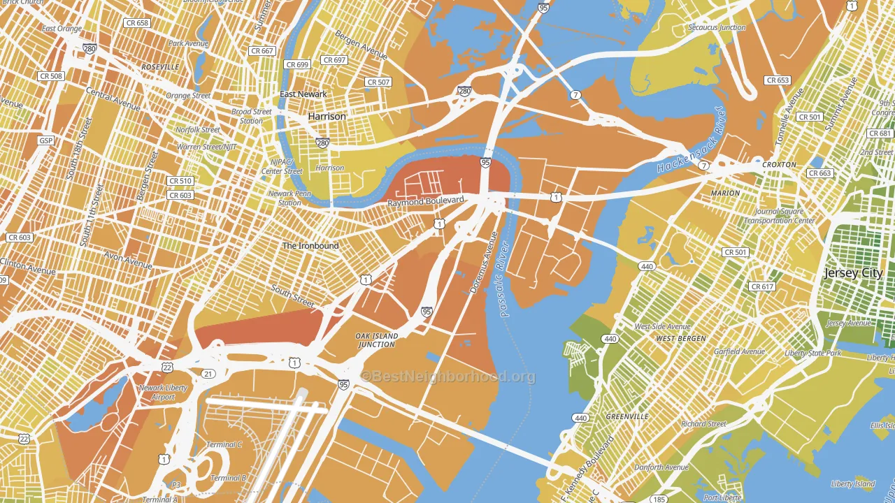 Map of the best neighborhoods in the West Side, Newark area, with better matches in green and worse matches in red